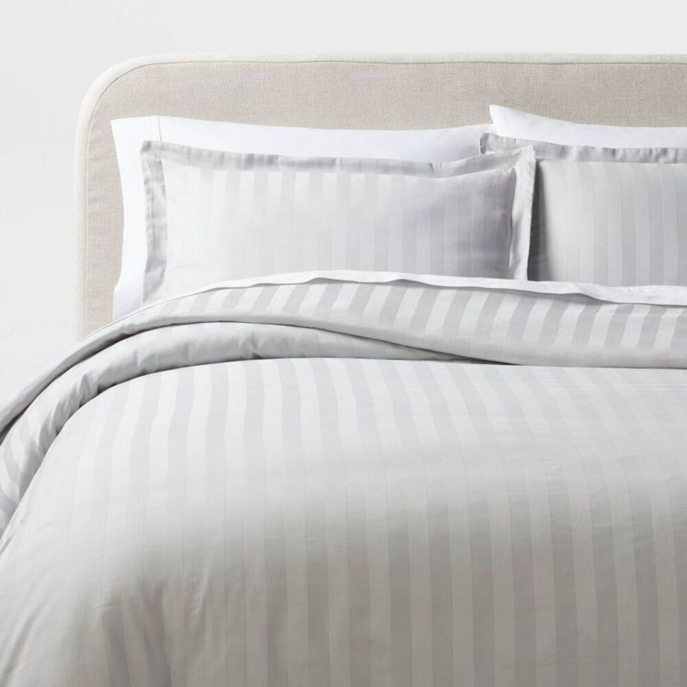 Full/Queen 300TC Striped Damask Cotton Duvet Cover Set 3pc - Light Gray